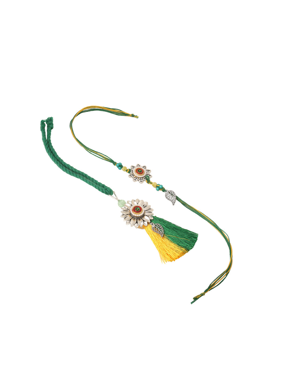 NVR Set of 2 Green Pearls Bhaiya Bhabhi Thread Rakhi with Roli Chawal Chandan & Mishri