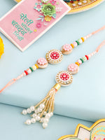 Thumbnail for NVR Set of 2 Multicolor Artificial Stones & Beads Round Floral Bhaiya Bhabhi Rakhi with Roli Chawal Chandan & Mishri - Distacart