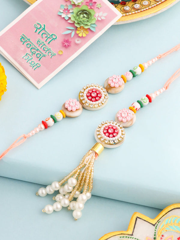NVR Set of 2 Multicolor Artificial Stones & Beads Round Floral Bhaiya Bhabhi Rakhi with Roli Chawal Chandan & Mishri - Distacart