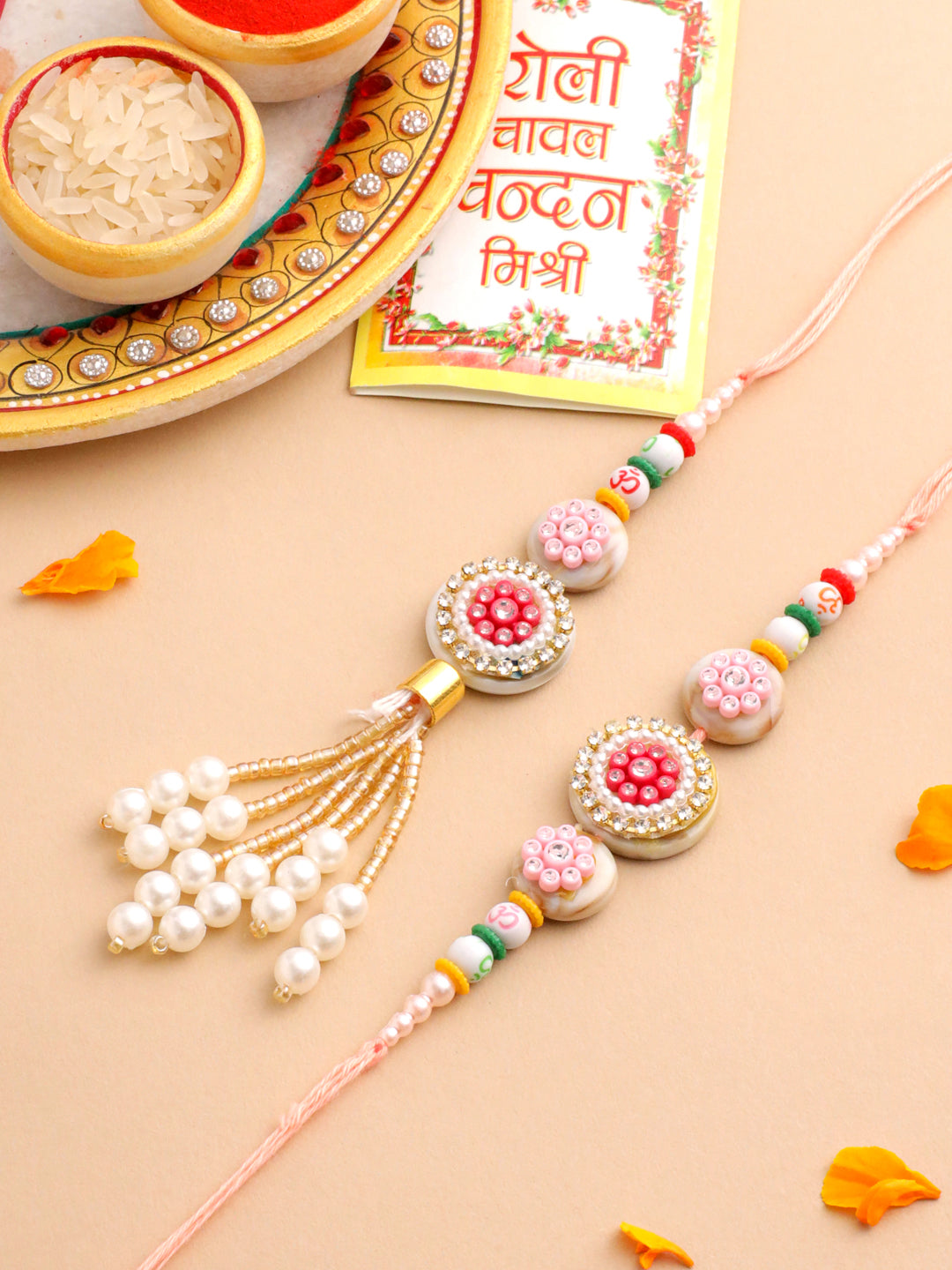 NVR Set of 2 Multicolor Artificial Stones & Beads Round Floral Bhaiya Bhabhi Rakhi with Roli Chawal Chandan & Mishri - Distacart