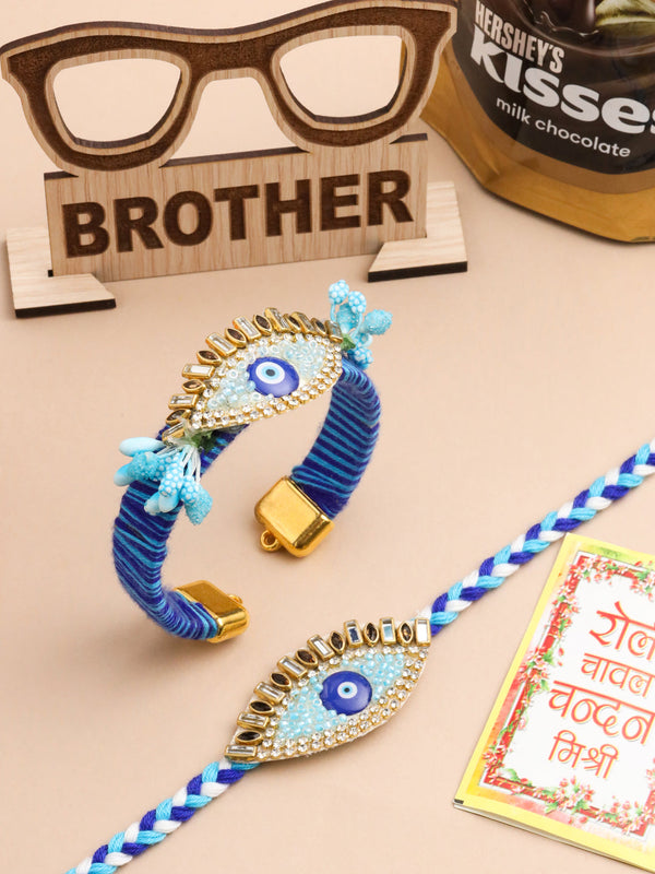 NVR Set of 2 Blue Evil Eye & Kundan Studded Handcrafted Bhaiya Bhabhi Rakhi Combo
