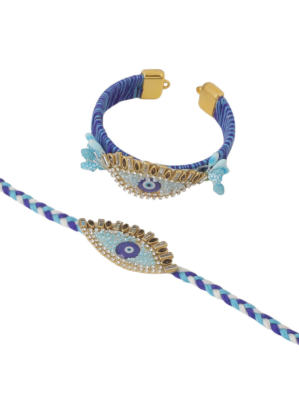 NVR Set of 2 Blue Evil Eye & Kundan Studded Handcrafted Bhaiya Bhabhi Rakhi Combo