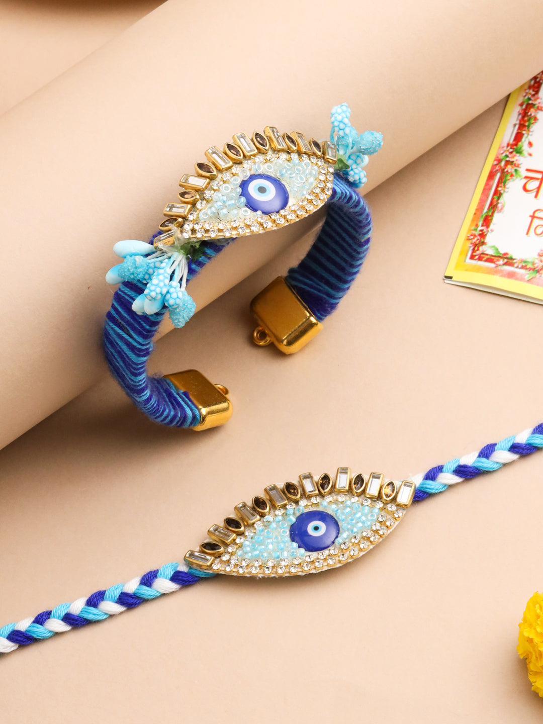 NVR Set of 2 Blue Evil Eye & Kundan Studded Handcrafted Bhaiya Bhabhi Rakhi with Roli Chawal Chandan & Mishri - Distacart