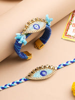 Thumbnail for NVR Set of 2 Blue Evil Eye & Kundan Studded Handcrafted Bhaiya Bhabhi Rakhi with Roli Chawal Chandan & Mishri