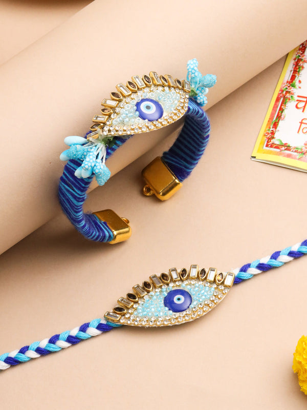NVR Set of 2 Blue Evil Eye & Kundan Studded Handcrafted Bhaiya Bhabhi Rakhi with Roli Chawal Chandan & Mishri