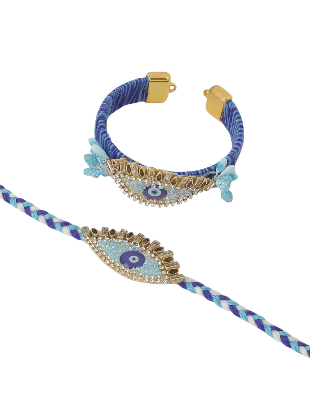 NVR Set of 2 Blue Evil Eye & Kundan Studded Handcrafted Bhaiya Bhabhi Rakhi with Roli Chawal Chandan & Mishri