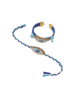 Thumbnail for NVR Set of 2 Blue Evil Eye & Kundan Studded Handcrafted Bhaiya Bhabhi Rakhi with Roli Chawal Chandan & Mishri