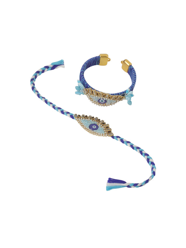 NVR Set of 2 Blue Evil Eye & Kundan Studded Handcrafted Bhaiya Bhabhi Rakhi with Roli Chawal Chandan & Mishri