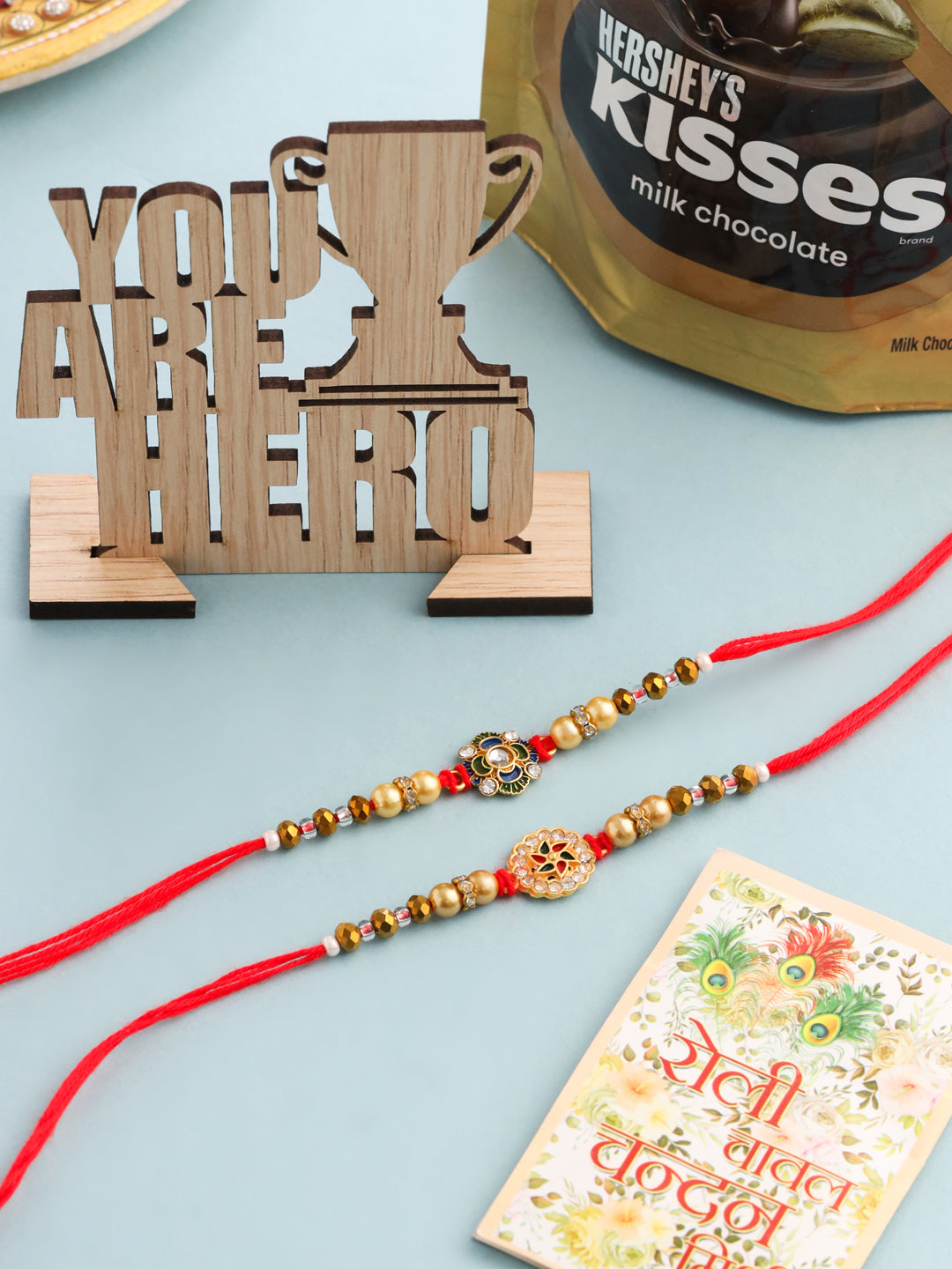 NVR Men Set of 2 Red & Gold Floral Design Artificial Stones & Beads Thread Rakhi Combo - Distacart