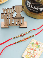 Thumbnail for NVR Men Set of 2 Red & Gold Floral Design Artificial Stones & Beads Thread Rakhi Combo