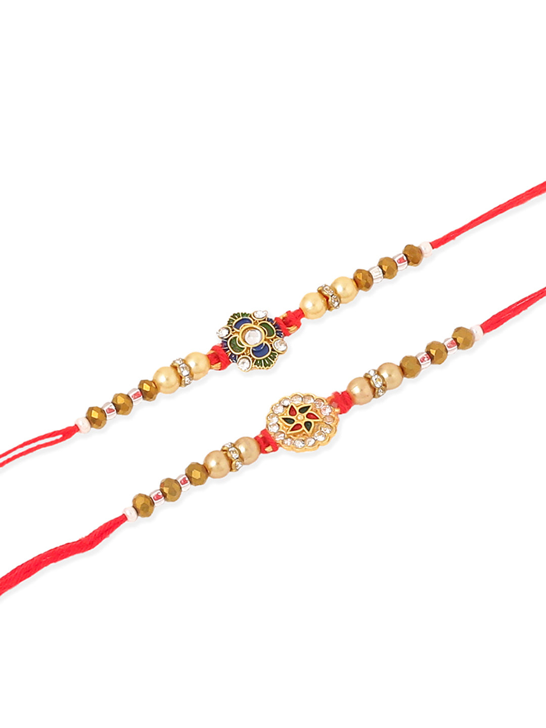 NVR Men Set of 2 Red & Gold Floral Design Artificial Stones & Beads Thread Rakhi Combo