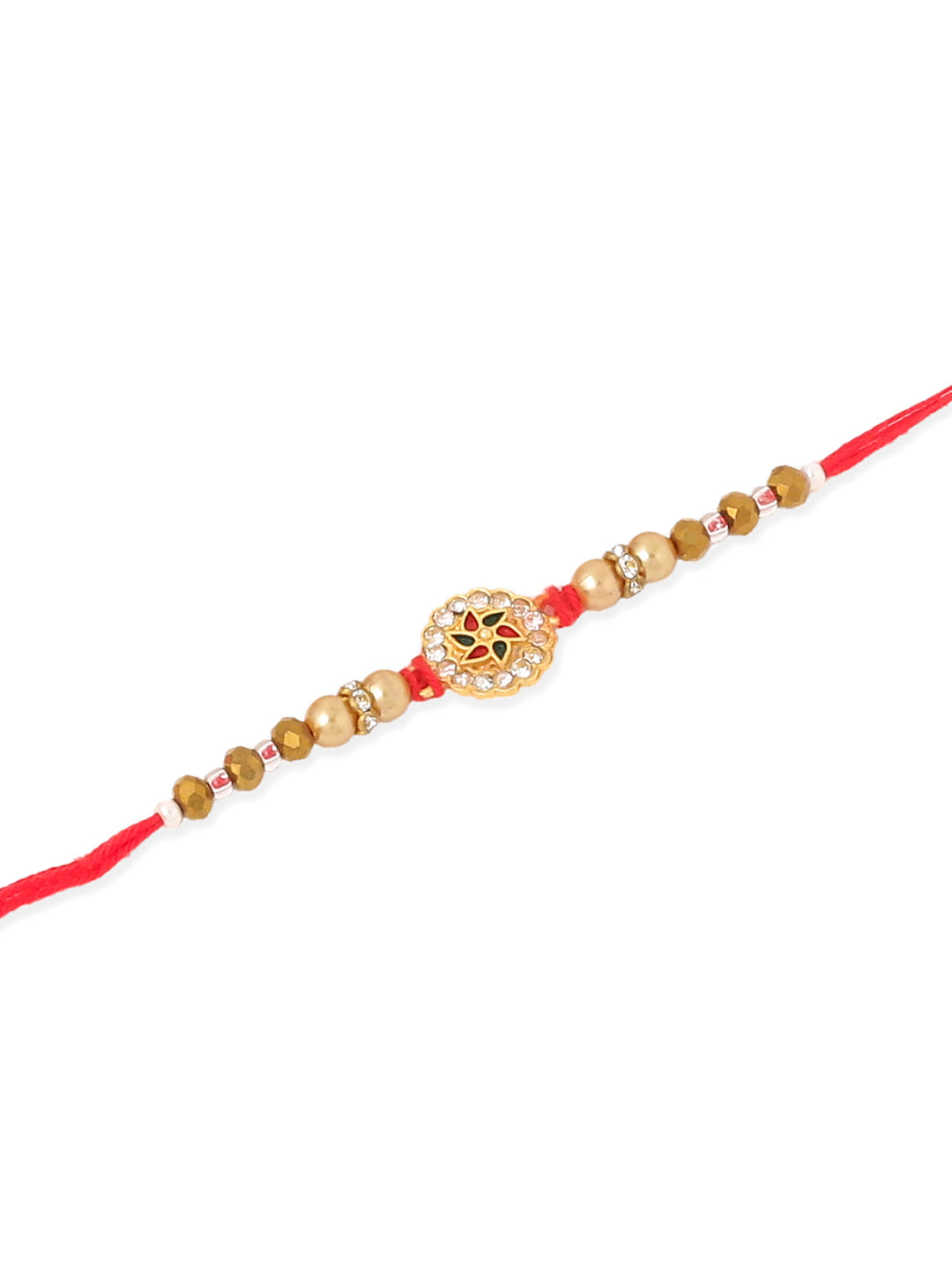 NVR Men Set of 2 Red & Gold Floral Design Artificial Stones & Beads Thread Rakhi Combo