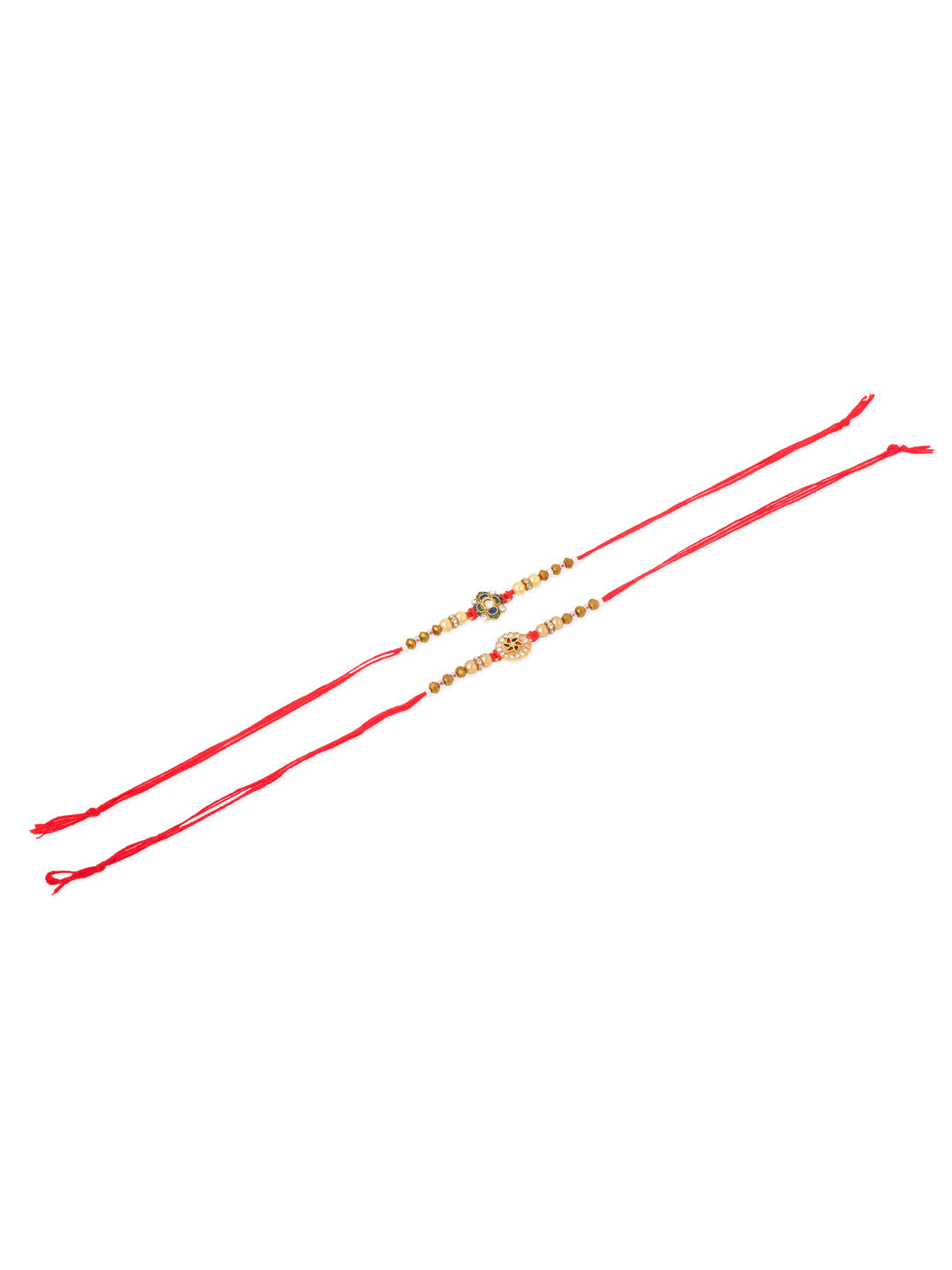 NVR Men Set of 2 Red & Gold Floral Design Artificial Stones & Beads Thread Rakhi Combo