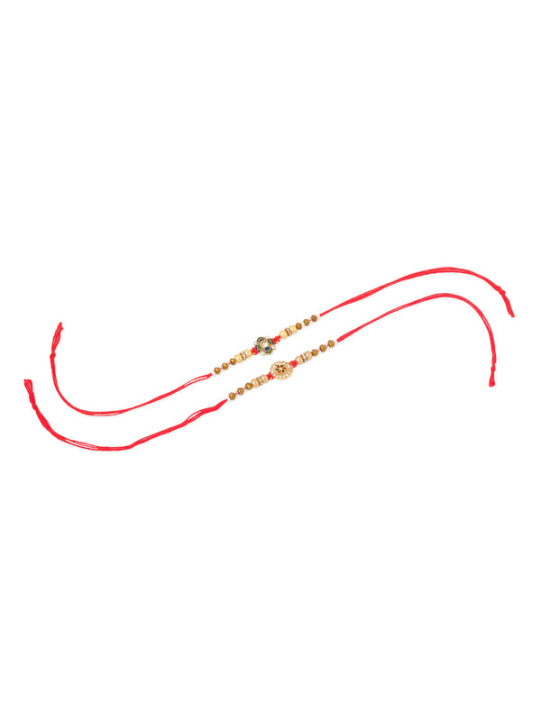 NVR Men Set of 2 Red & Gold Floral Design Artificial Stones & Beads Thread Rakhi With Roli Chawal Chandan & Mishri