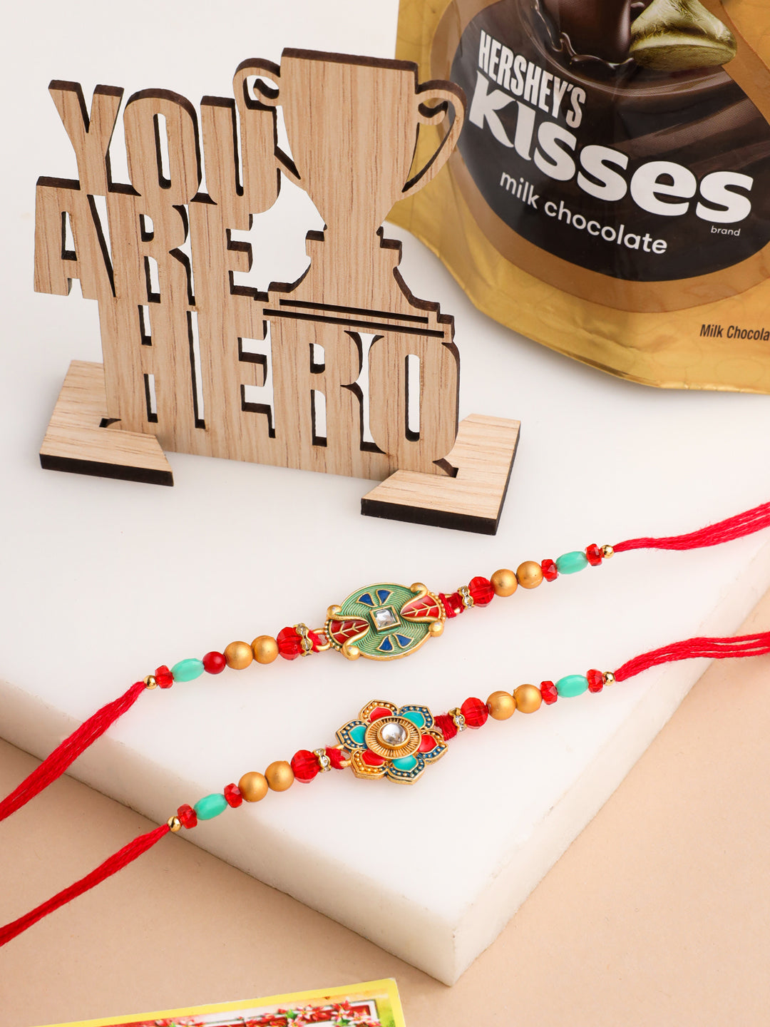 NVR Men Set of 2 Floral Design Red Artificial Stones & Beads Thread Rakhi Combo - Distacart