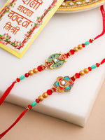 Thumbnail for NVR Men Set of 2 Floral Design Red Artificial Stones & Beads Thread Rakhi With Roli Chawal Chandan & Mishri