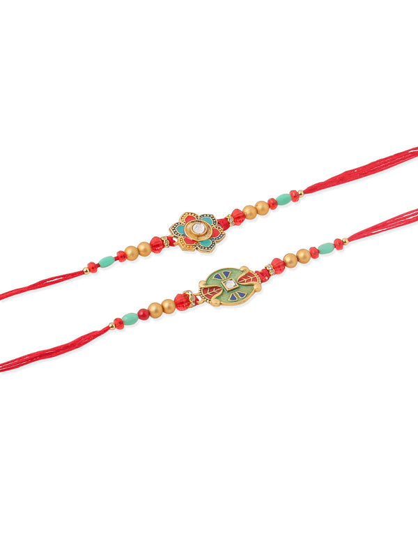 NVR Men Set of 2 Floral Design Red Artificial Stones & Beads Thread Rakhi With Roli Chawal Chandan & Mishri
