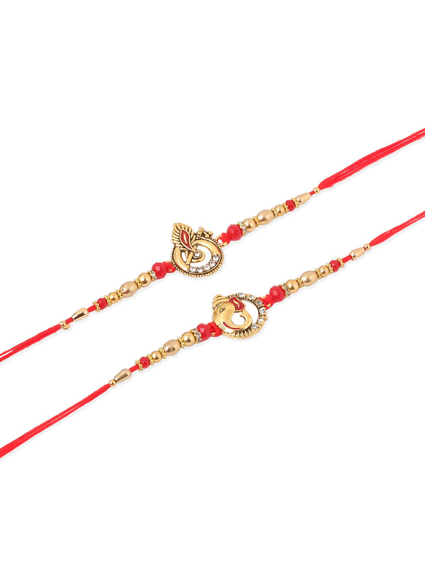 NVR Men Set of 2 Golden Red Religious Designer Ganesh Ji Thread Rakhi Combo