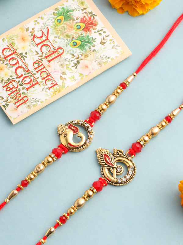 NVR Men Set of 2 Golden Red Religious Designer Ganesh Ji Thread Rakhi With Roli Chawal Chandan & Mishri