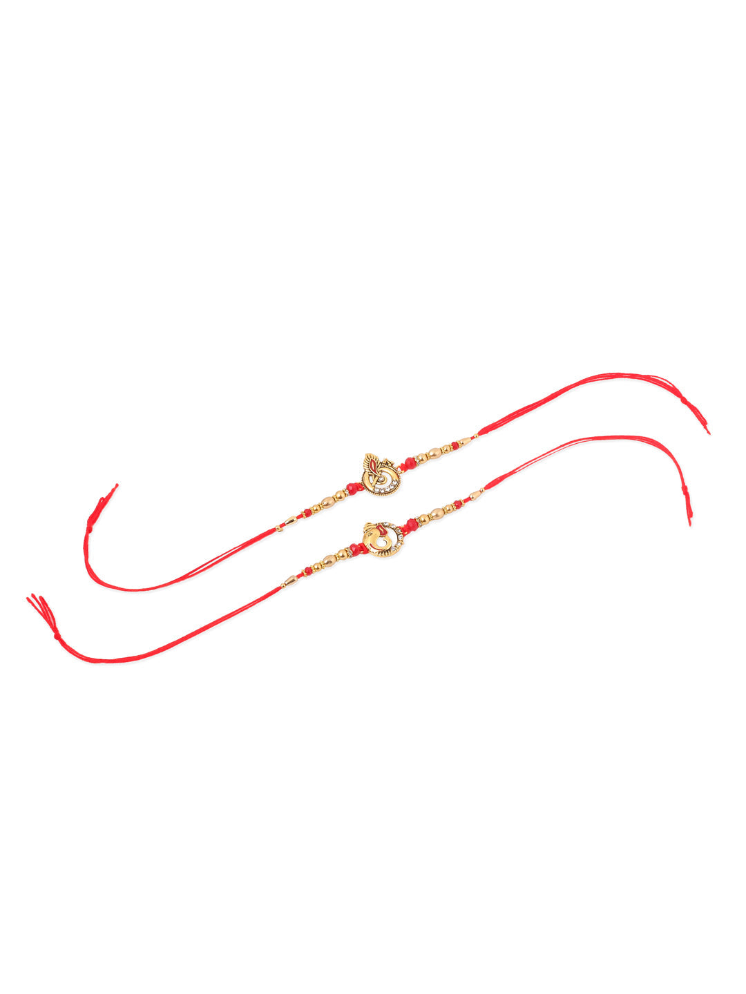 NVR Men Set of 2 Golden Red Religious Designer Ganesh Ji Thread Rakhi With Roli Chawal Chandan & Mishri