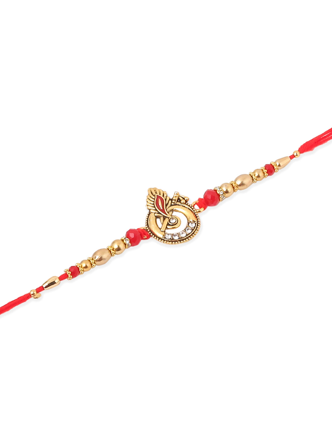 NVR Men Set of 2 Golden Red Religious Designer Ganesh Ji Thread Rakhi With Roli Chawal Chandan & Mishri