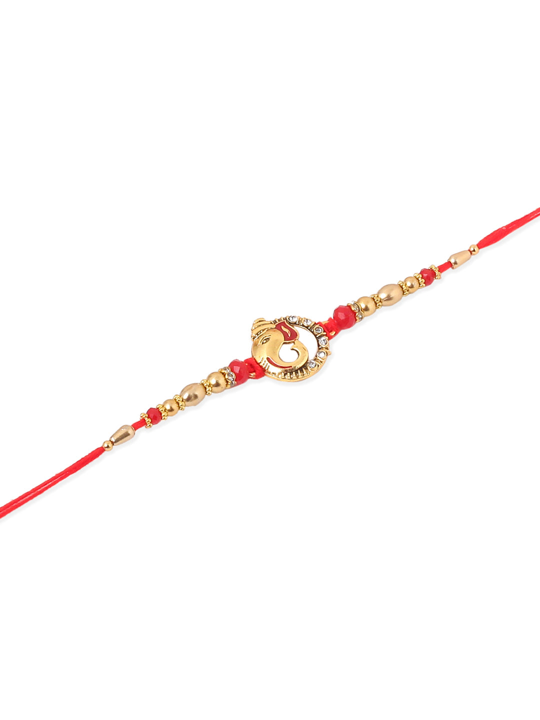 NVR Men Set of 2 Golden Red Religious Designer Ganesh Ji Thread Rakhi With Roli Chawal Chandan & Mishri