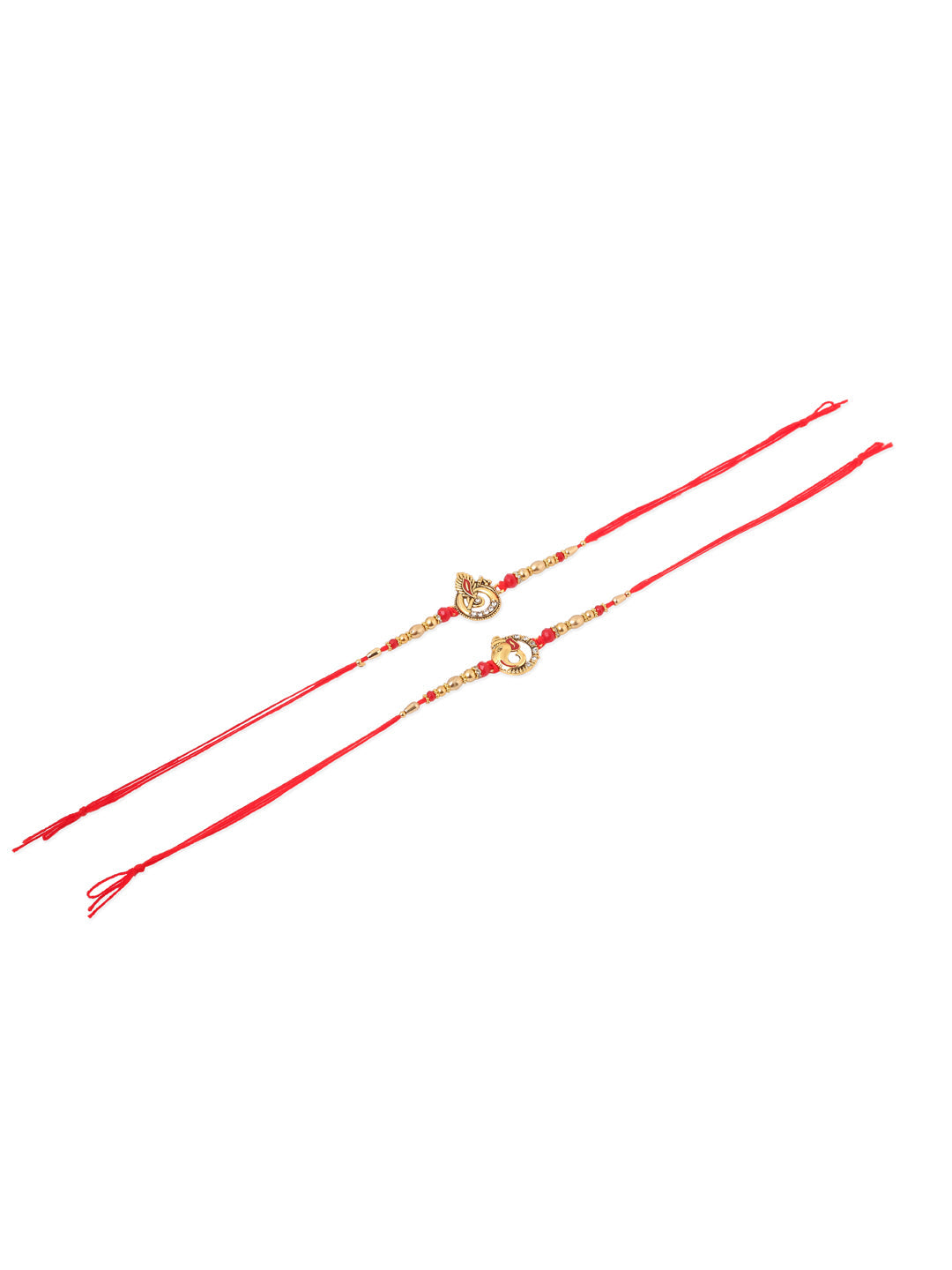 NVR Men Set of 2 Golden Red Religious Designer Ganesh Ji Thread Rakhi With Roli Chawal Chandan & Mishri