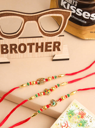 NVR Men Set of 3 Red & Gold Floral Design Artificial Stones and Beads Thread Rakhi Combo
