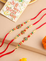 Thumbnail for NVR Men Set of 3 Red & Gold Floral Design Artificial Stones and Beads Thread Rakhi With Roli Chawal Chandan & Mishri