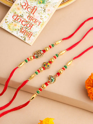 NVR Men Set of 3 Red & Gold Floral Design Artificial Stones and Beads Thread Rakhi With Roli Chawal Chandan & Mishri