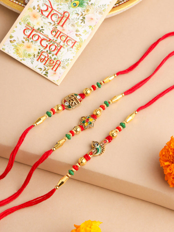 NVR Men Set of 3 Red & Gold Floral Design Artificial Stones and Beads Thread Rakhi With Roli Chawal Chandan & Mishri