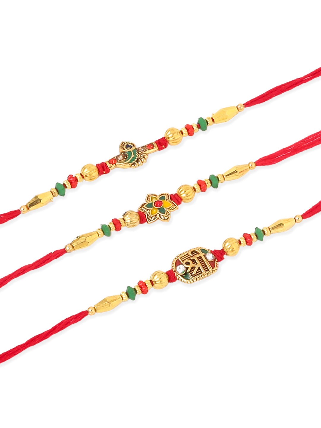 NVR Men Set of 3 Red & Gold Floral Design Artificial Stones and Beads Thread Rakhi With Roli Chawal Chandan & Mishri - Distacart
