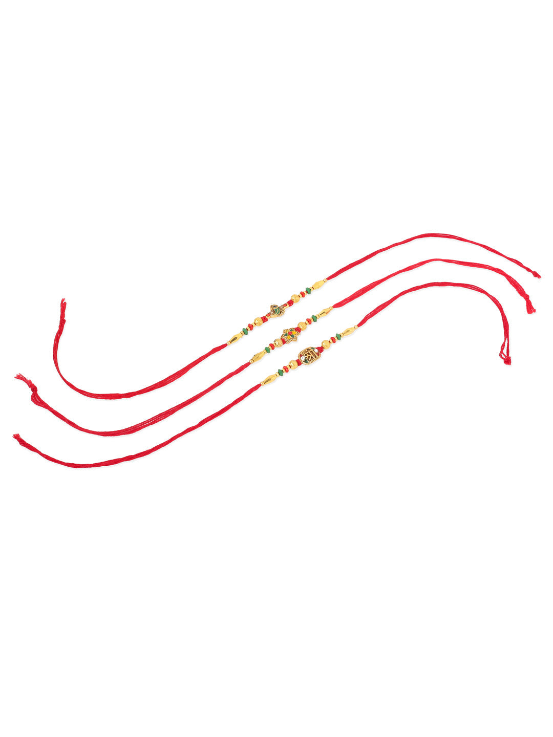 NVR Men Set of 3 Red & Gold Floral Design Artificial Stones and Beads Thread Rakhi With Roli Chawal Chandan & Mishri