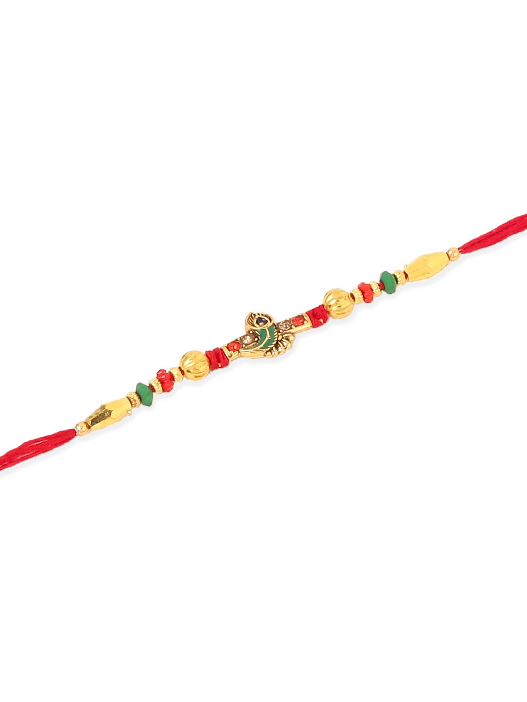 NVR Men Set of 3 Red & Gold Floral Design Artificial Stones and Beads Thread Rakhi With Roli Chawal Chandan & Mishri