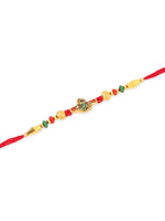 Thumbnail for NVR Men Set of 3 Red & Gold Floral Design Artificial Stones and Beads Thread Rakhi With Roli Chawal Chandan & Mishri