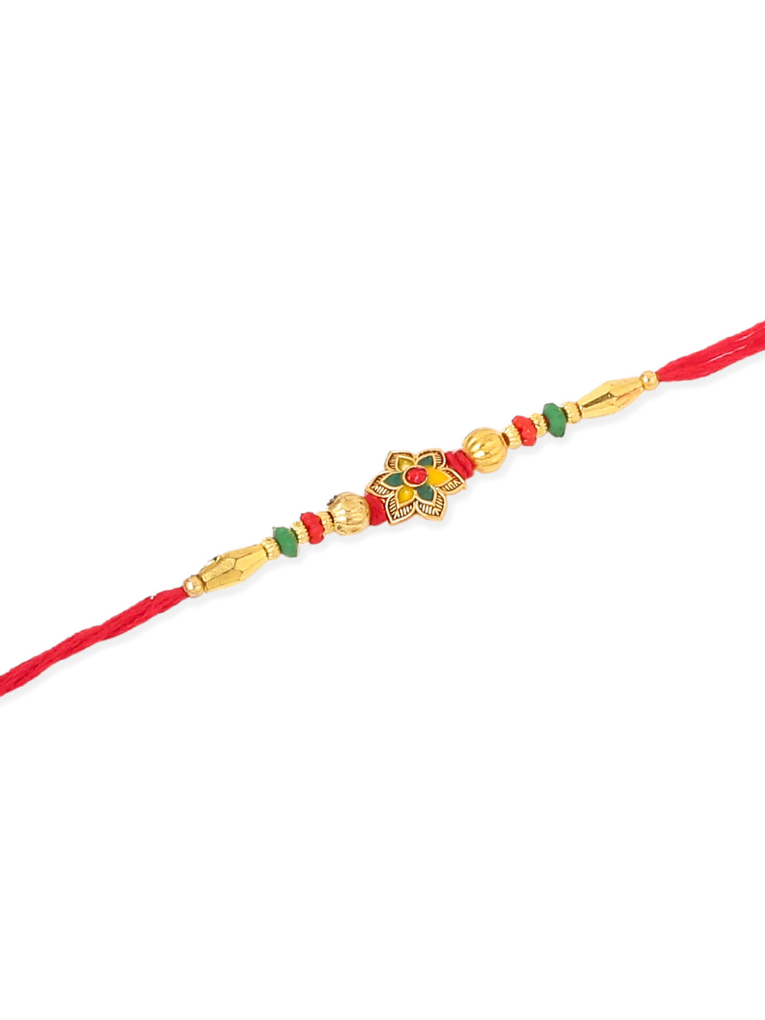NVR Men Set of 3 Red & Gold Floral Design Artificial Stones and Beads Thread Rakhi With Roli Chawal Chandan & Mishri