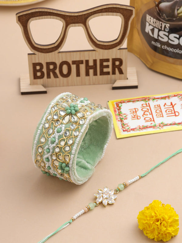 NVR Set of 2 Green Artificial Stones Bhaiya Bhabhi Rakhi Set, Combo for Rakshabandhan