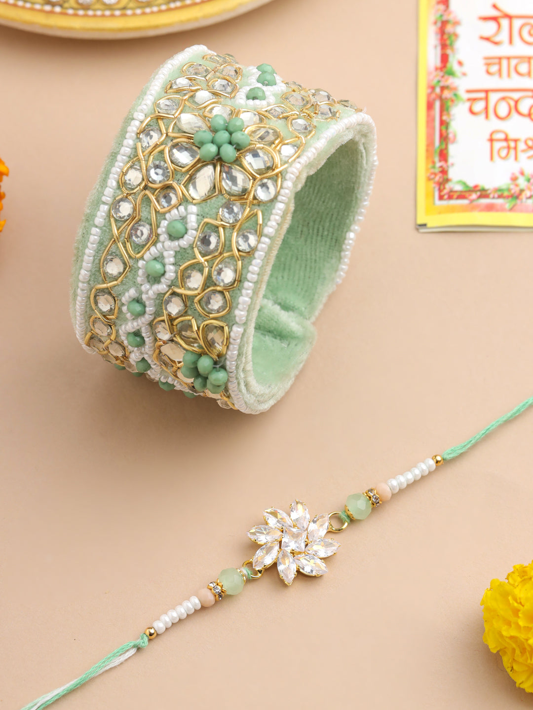 NVR Set of 2 Green Artificial Stones Bhaiya Bhabhi Rakhi With Roli Chawal Chandan & Mishri - Distacart