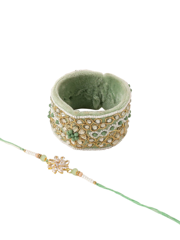 NVR Set of 2 Green Artificial Stones Bhaiya Bhabhi Rakhi With Roli Chawal Chandan & Mishri