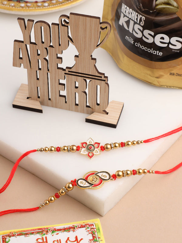 NVR Men Set of 2 Red & Gold Floral Design Artificial Beads Thread Rakhi Combo
