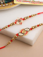 Thumbnail for NVR Men Set of 2 Red & Gold Floral Design Artificial Beads Thread Rakhi With Roli Chawal Chandan & Mishri