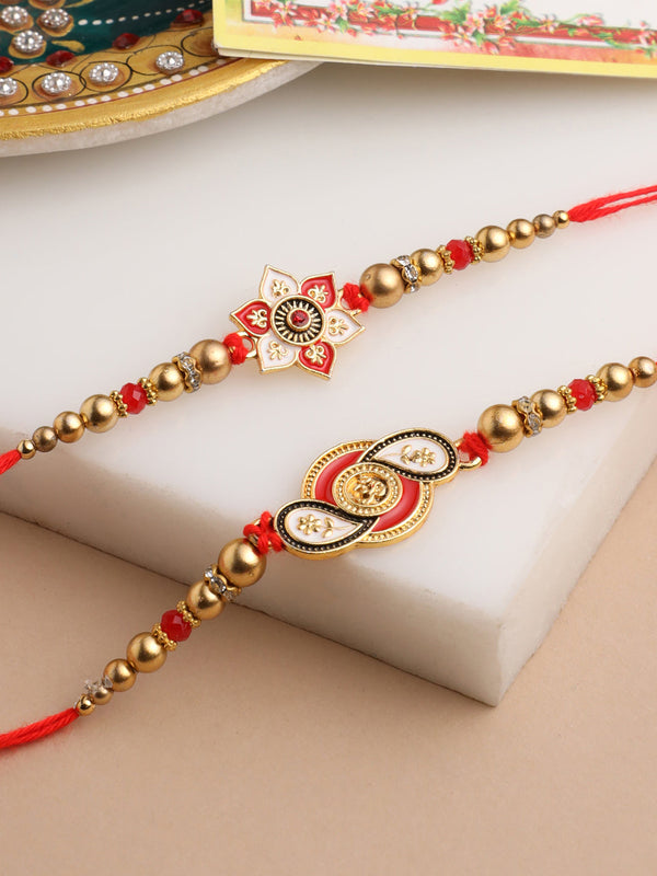 NVR Men Set of 2 Red & Gold Floral Design Artificial Beads Thread Rakhi With Roli Chawal Chandan & Mishri
