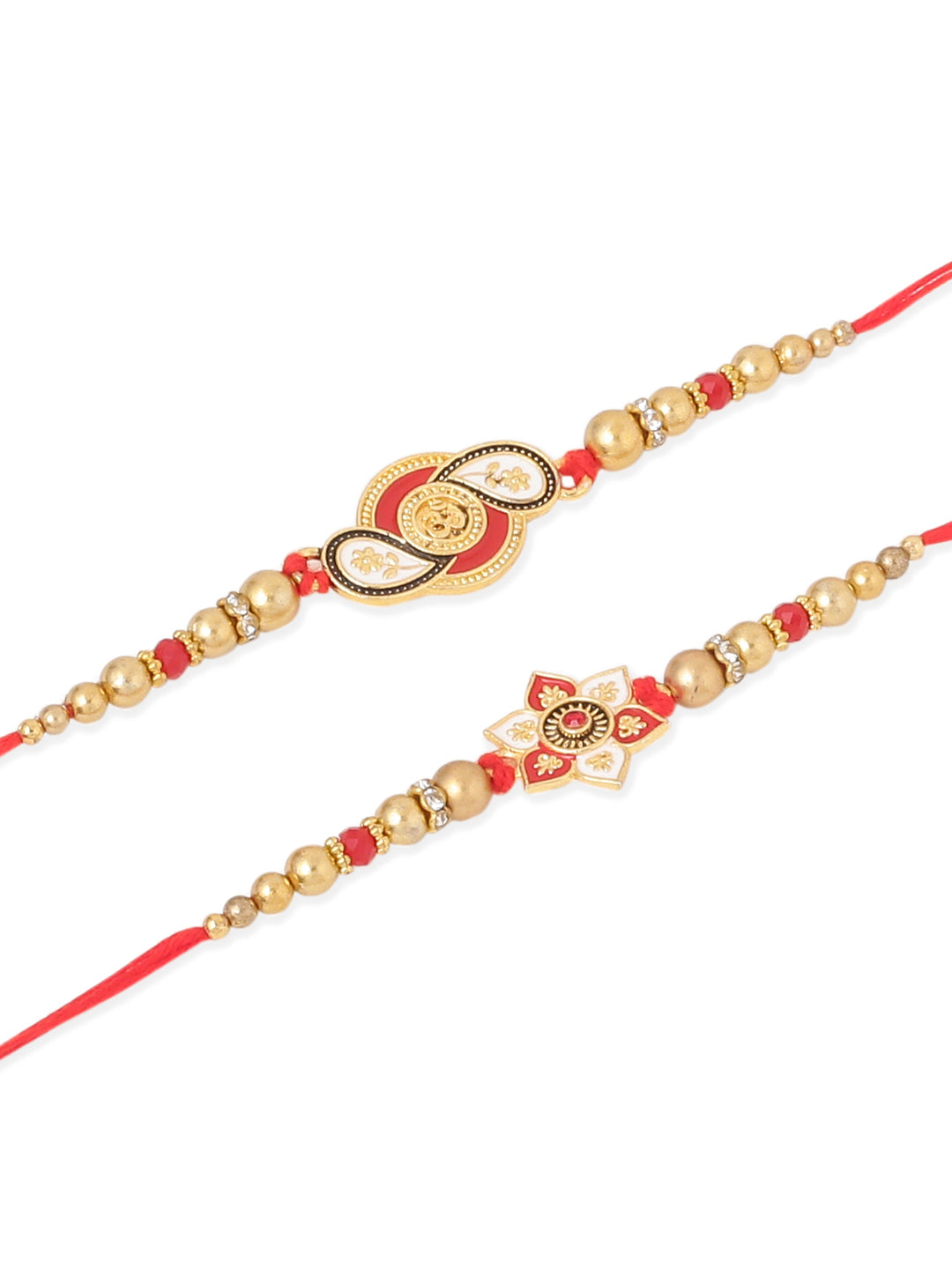 NVR Men Set of 2 Red & Gold Floral Design Artificial Beads Thread Rakhi With Roli Chawal Chandan & Mishri - Distacart