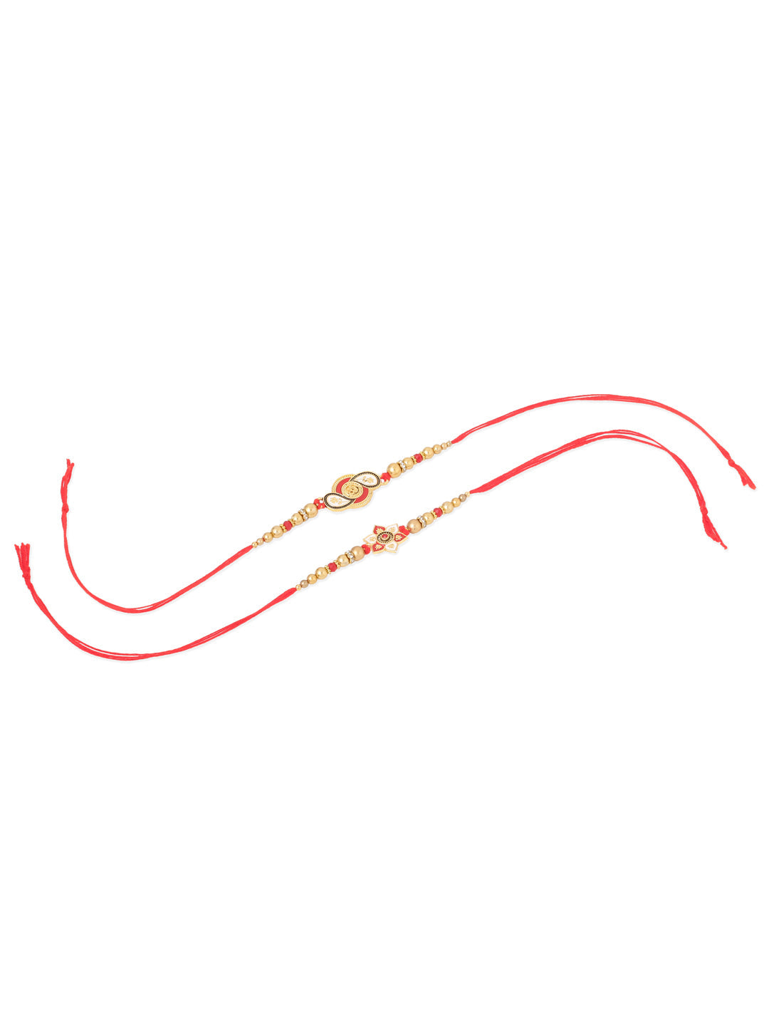 NVR Men Set of 2 Red & Gold Floral Design Artificial Beads Thread Rakhi With Roli Chawal Chandan & Mishri