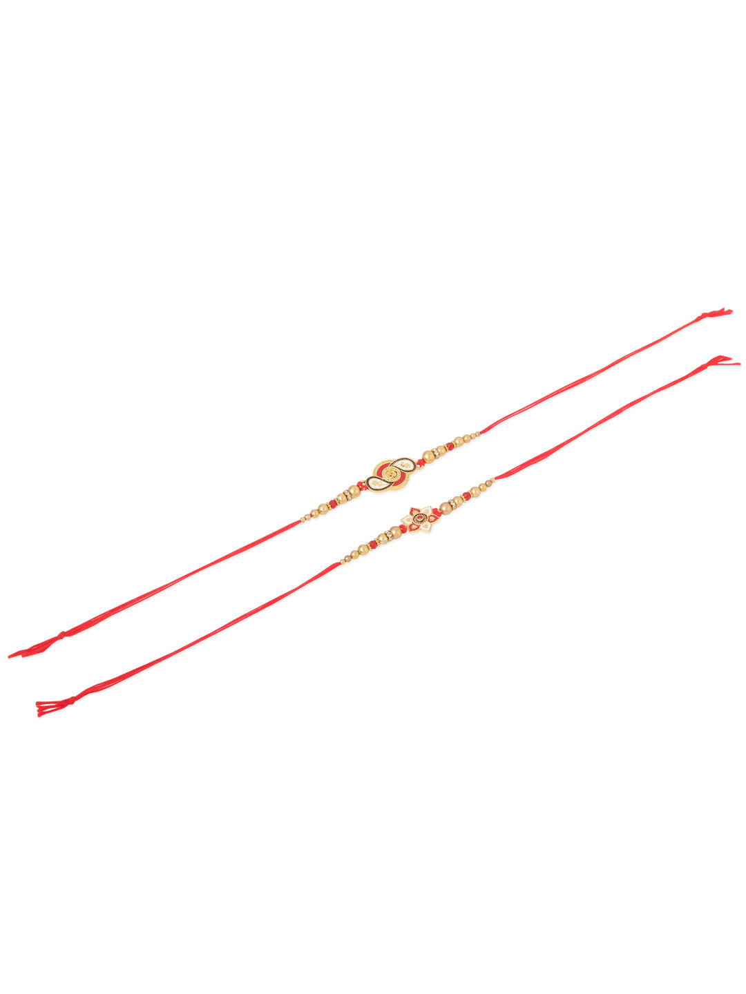 NVR Men Set of 2 Red & Gold Floral Design Artificial Beads Thread Rakhi With Roli Chawal Chandan & Mishri