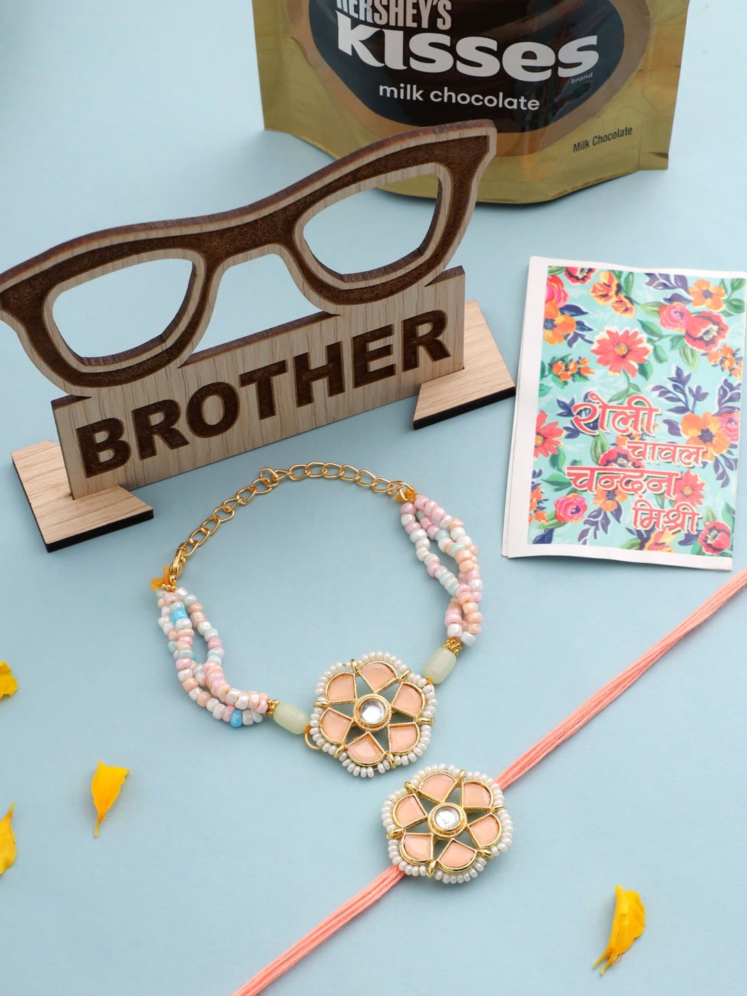 NVR Set of 2 Peach Color Artificial Stones & Pearls Bhaiya Bhabhi Rakhi Combo - Distacart