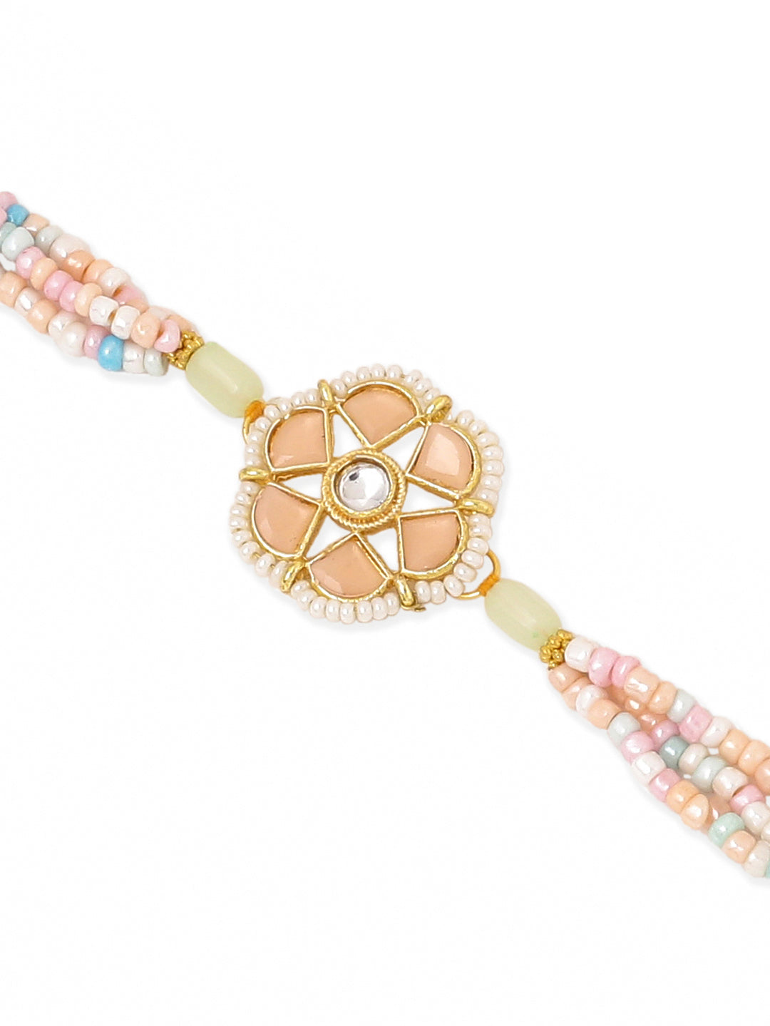 NVR Set of 2 Peach Color Artificial Stones & Pearls Bhaiya Bhabhi Rakhi Combo