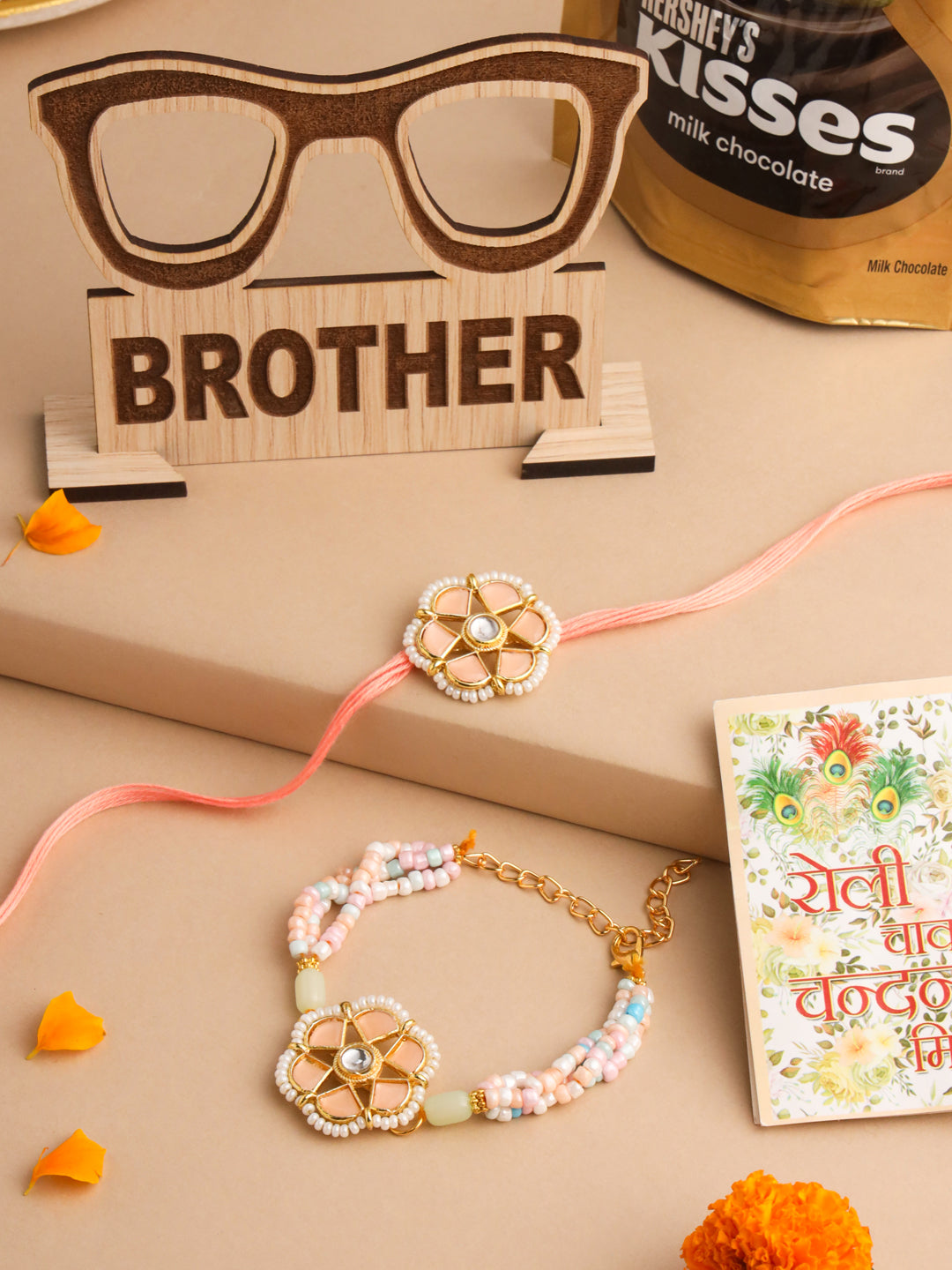 NVR Set of 2 Peach Color Artificial Stones & Pearls Bhaiya Bhabhi Rakhi Combo