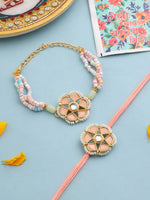 Thumbnail for NVR Set of 2 Peach Color Artificial Stones & Pearls Bhaiya Bhabhi Rakhi With Roli Chawal Chandan & Mishri