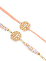Thumbnail for NVR Set of 2 Peach Color Artificial Stones & Pearls Bhaiya Bhabhi Rakhi With Roli Chawal Chandan & Mishri